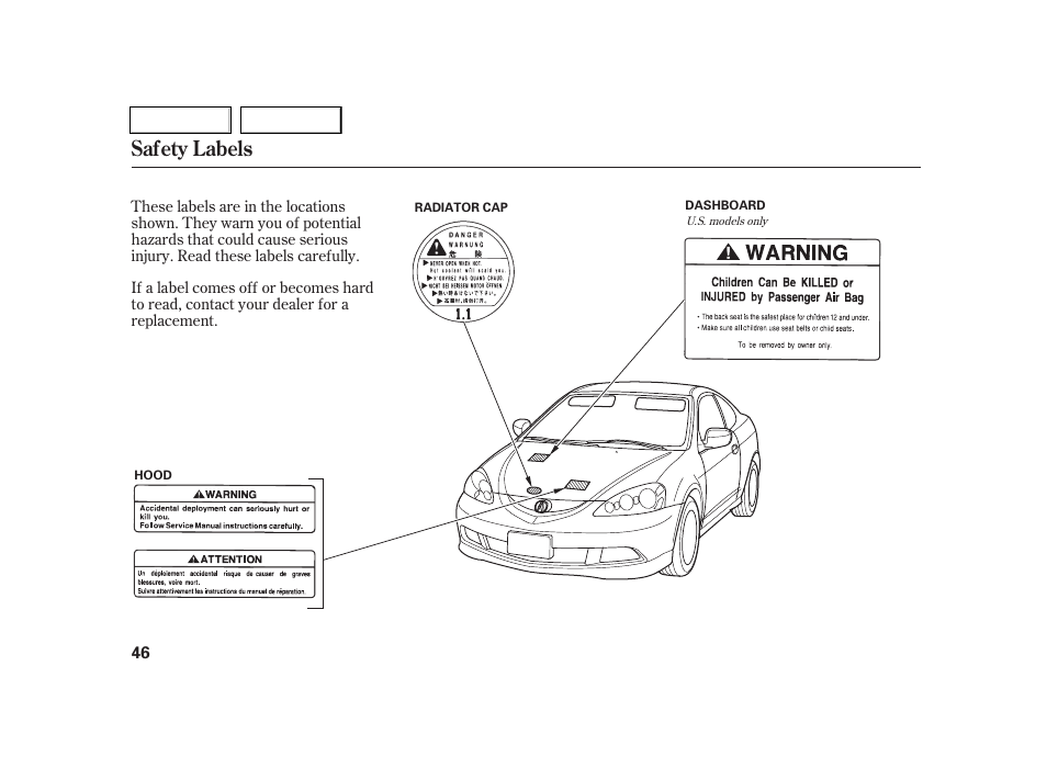Safety labels | Acura 2005 RSX - Owner's Manual User Manual | Page 47 / 243