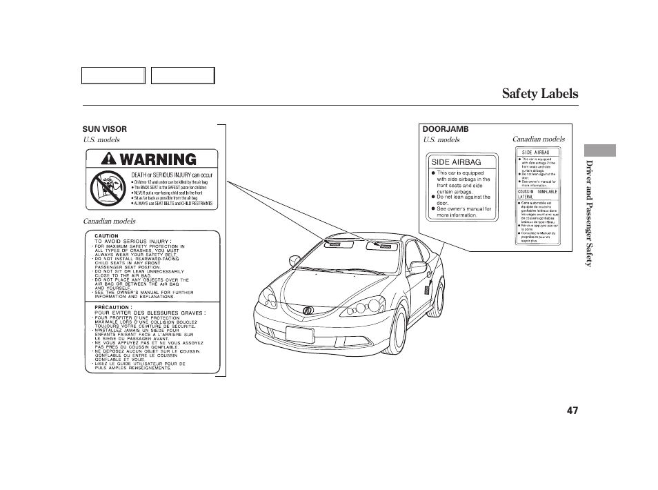 Safety labels | Acura 2005 RSX - Owner's Manual User Manual | Page 48 / 243