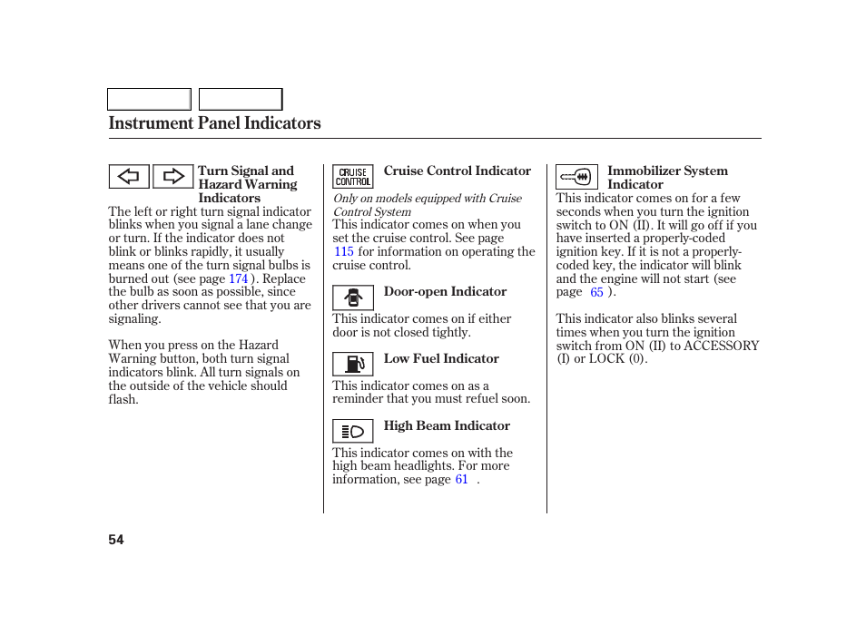 Instrument panel indicators | Acura 2005 RSX - Owner's Manual User Manual | Page 55 / 243