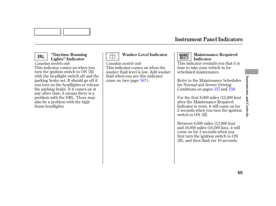 Instrument panel indicators | Acura 2005 RSX - Owner's Manual User Manual | Page 56 / 243