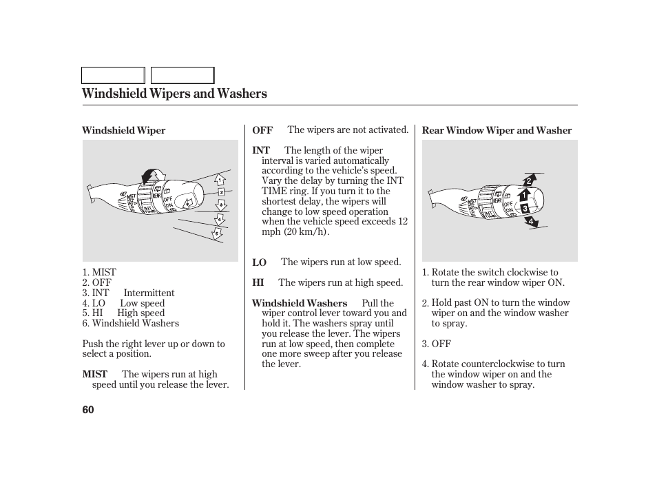 Windshield wipers and washers | Acura 2005 RSX - Owner's Manual User Manual | Page 61 / 243