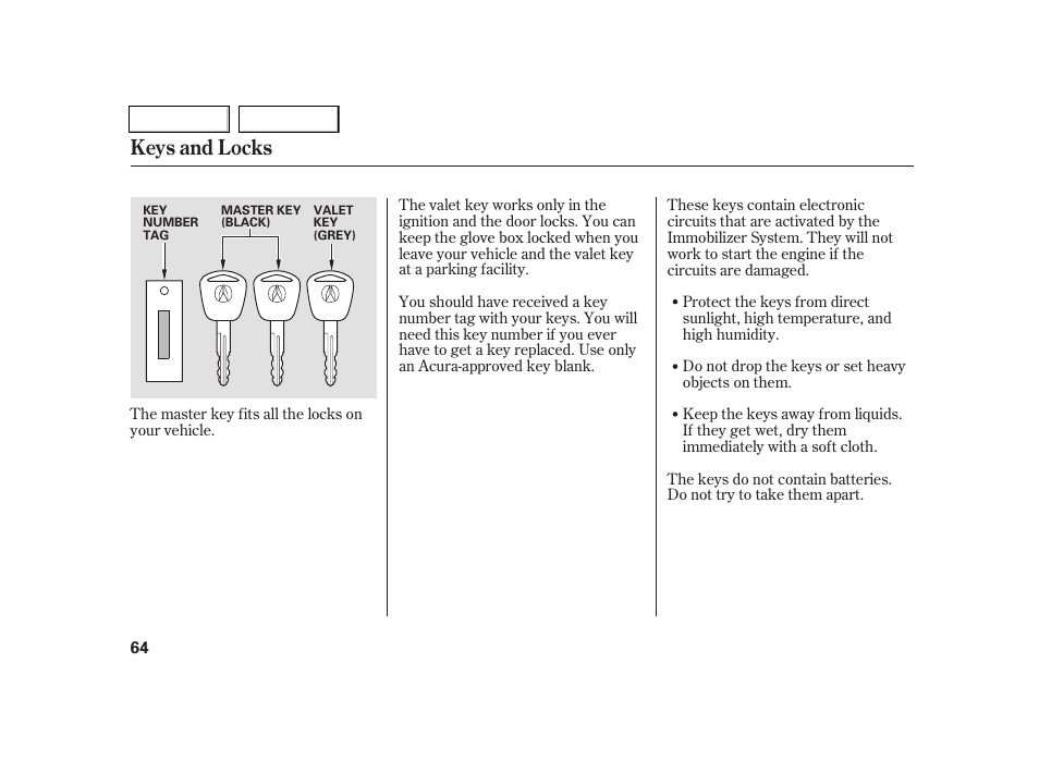 Keys and locks | Acura 2005 RSX - Owner's Manual User Manual | Page 65 / 243