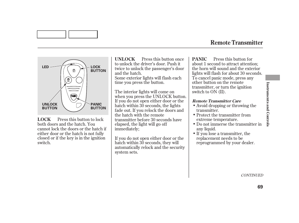 Remote transmitter | Acura 2005 RSX - Owner's Manual User Manual | Page 70 / 243