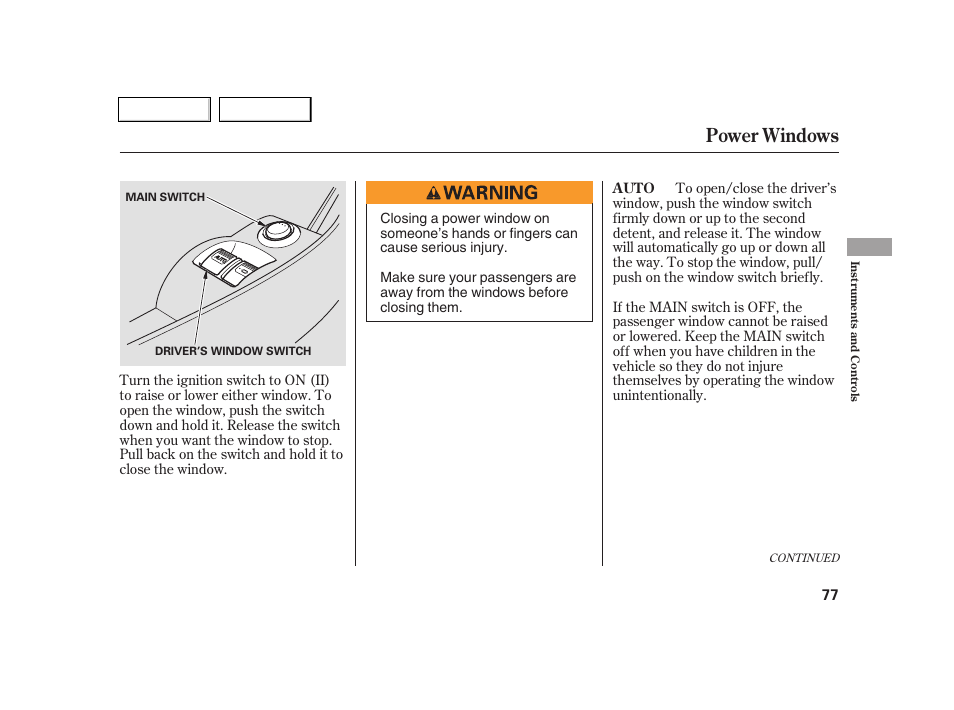Power windows | Acura 2005 RSX - Owner's Manual User Manual | Page 78 / 243
