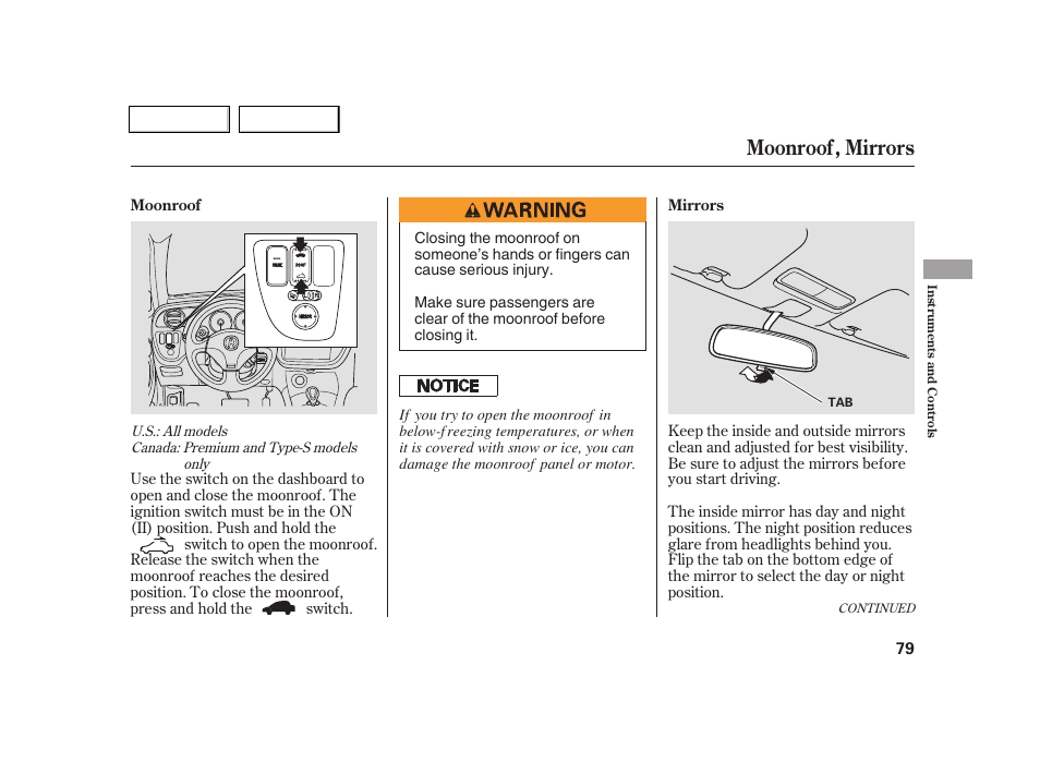 Moonroof, mirrors | Acura 2005 RSX - Owner's Manual User Manual | Page 80 / 243
