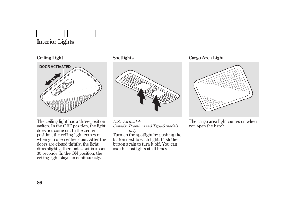 Interior lights | Acura 2005 RSX - Owner's Manual User Manual | Page 87 / 243