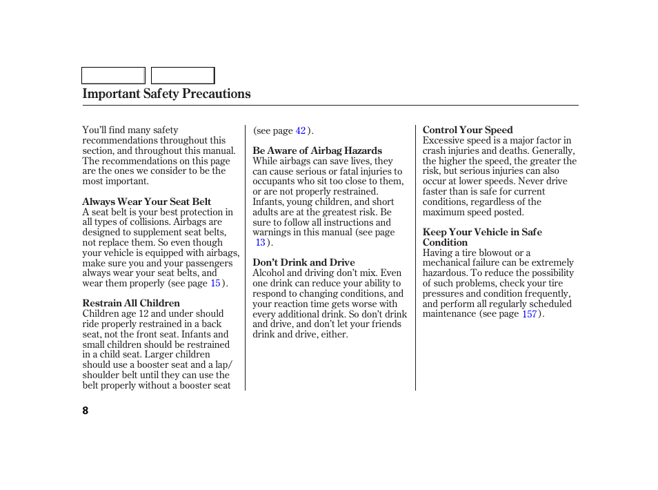Important safety precautions | Acura 2005 RSX - Owner's Manual User Manual | Page 9 / 243