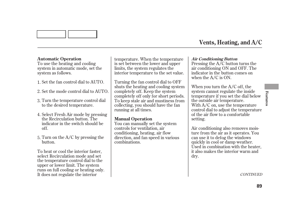 Vents, heating, and a/c | Acura 2005 RSX - Owner's Manual User Manual | Page 90 / 243