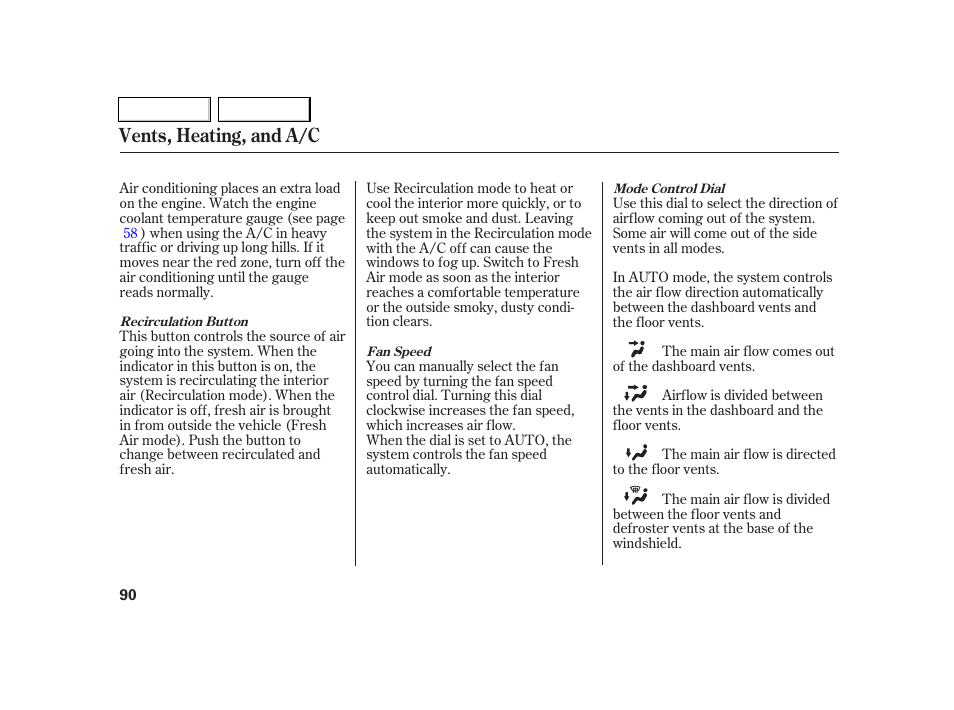 Vents, heating, and a/c | Acura 2005 RSX - Owner's Manual User Manual | Page 91 / 243