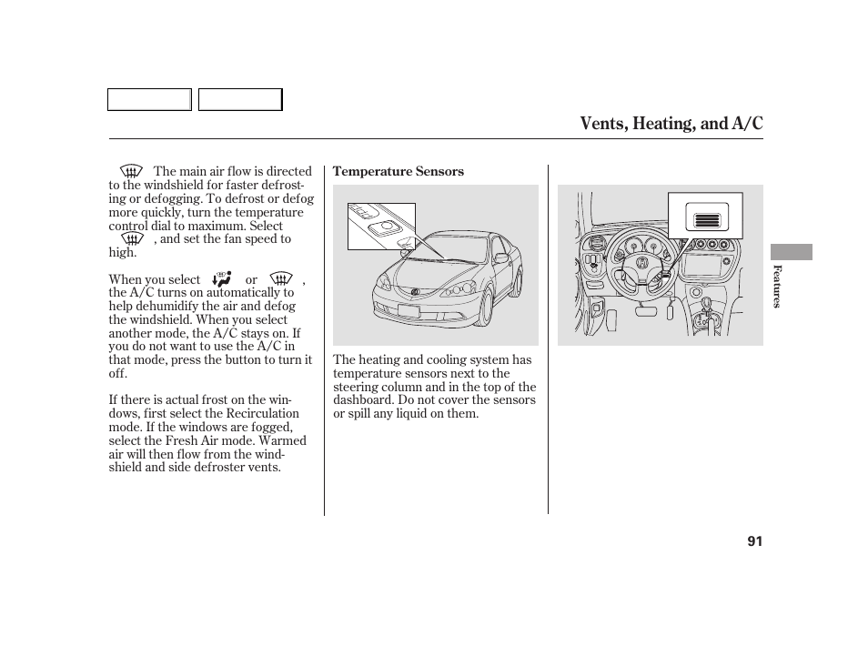 Vents, heating, and a/c | Acura 2005 RSX - Owner's Manual User Manual | Page 92 / 243
