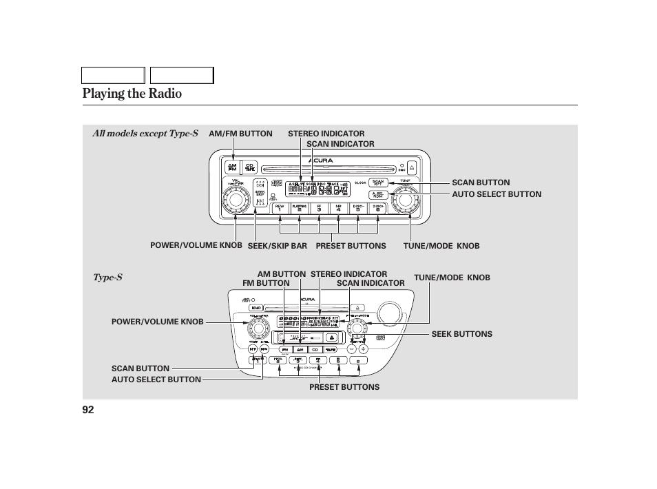 Playing the radio | Acura 2005 RSX - Owner's Manual User Manual | Page 93 / 243