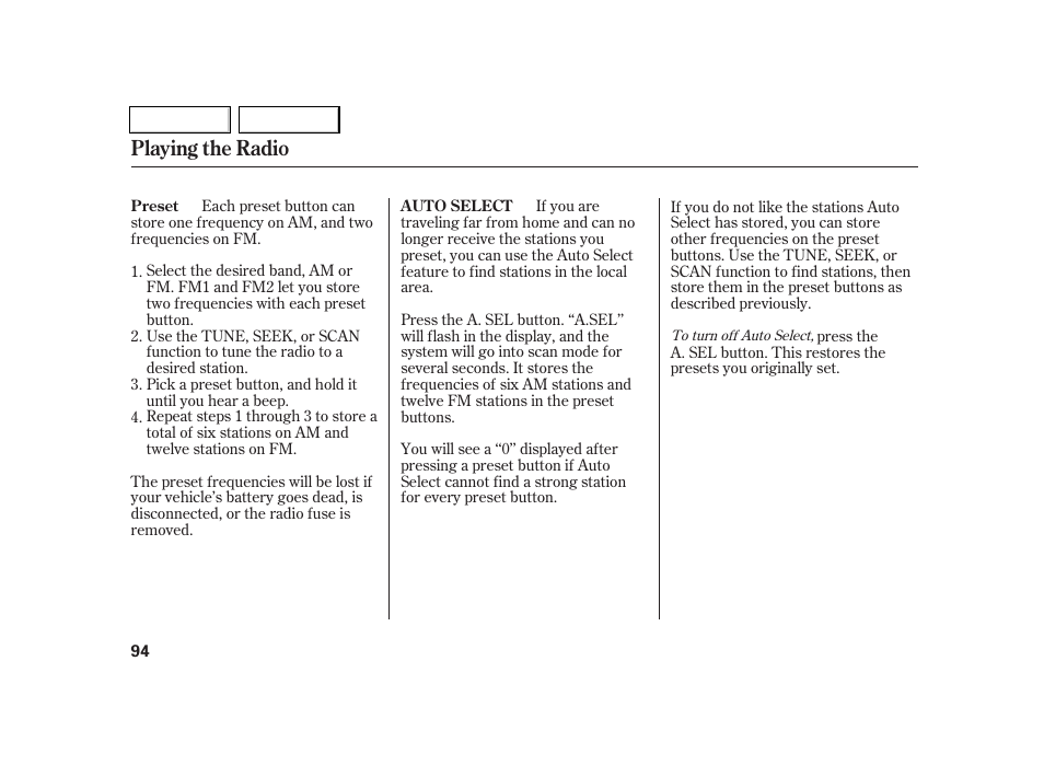 Playing the radio | Acura 2005 RSX - Owner's Manual User Manual | Page 95 / 243