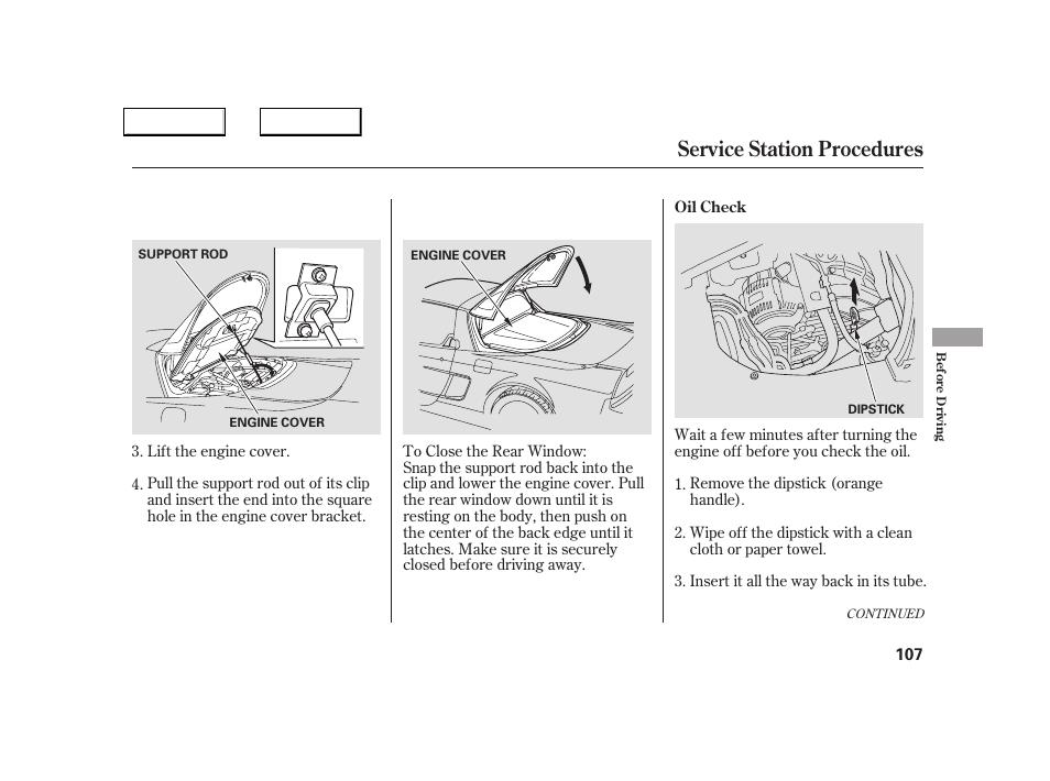 Service station procedures | Acura 2005 NSX - Owner's Manual User Manual | Page 109 / 228