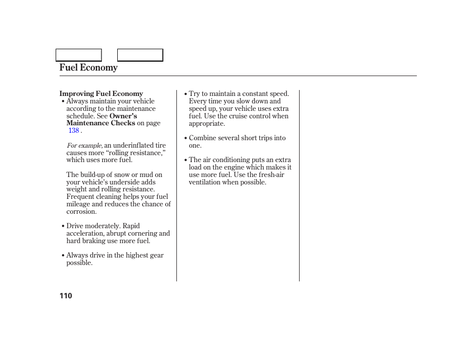 Fuel economy | Acura 2005 NSX - Owner's Manual User Manual | Page 112 / 228