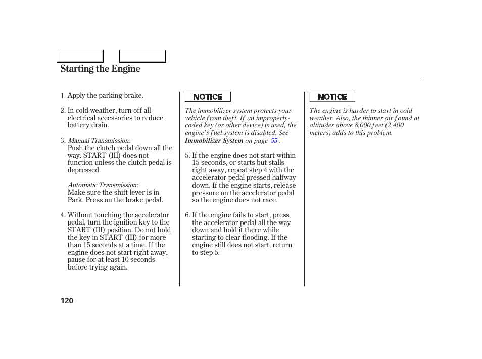 Starting the engine | Acura 2005 NSX - Owner's Manual User Manual | Page 122 / 228