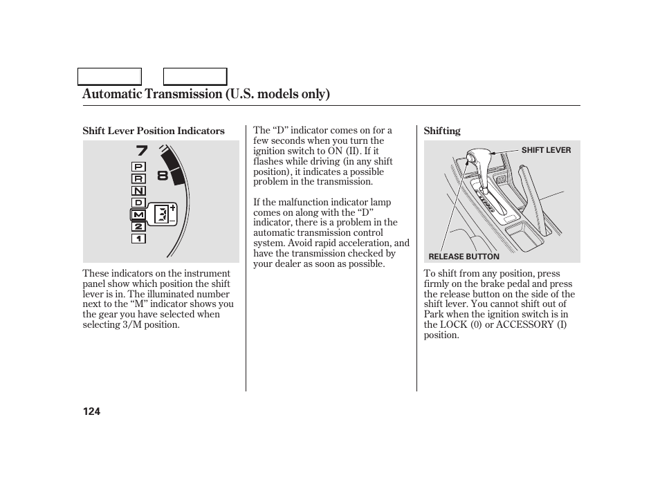 Automatic transmission (u.s. models only) | Acura 2005 NSX - Owner's Manual User Manual | Page 126 / 228