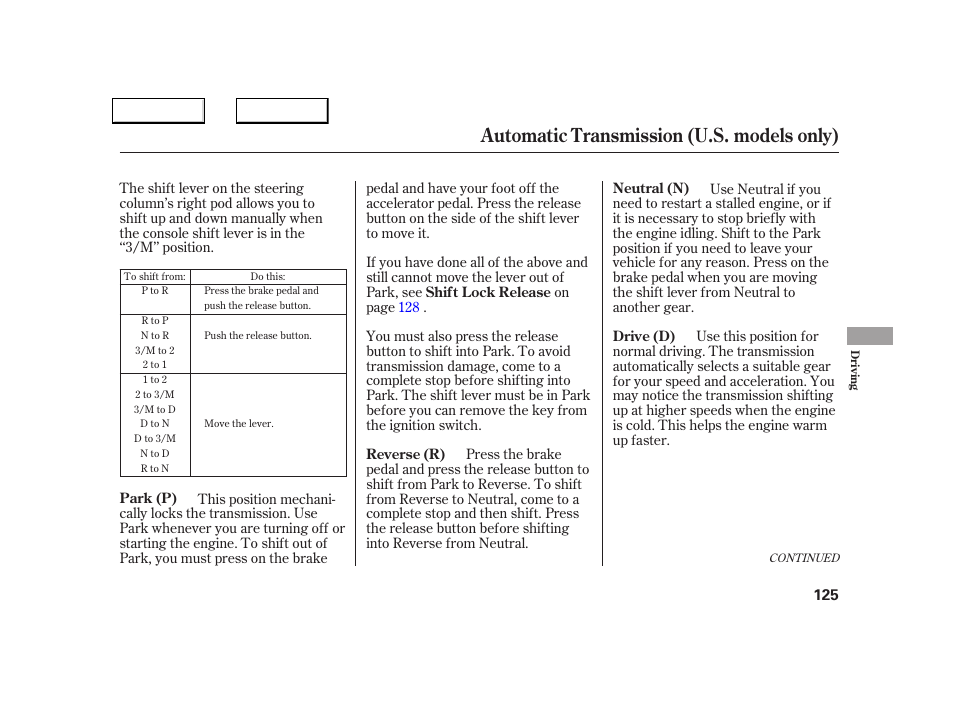 Automatic transmission (u.s. models only) | Acura 2005 NSX - Owner's Manual User Manual | Page 127 / 228
