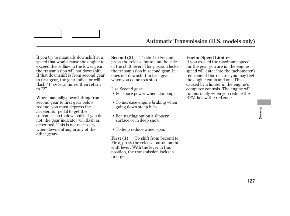 Automatic transmission (u.s. models only) | Acura 2005 NSX - Owner's Manual User Manual | Page 129 / 228