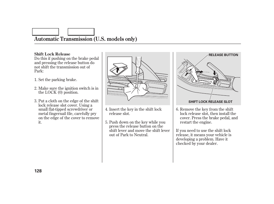 Automatic transmission (u.s. models only) | Acura 2005 NSX - Owner's Manual User Manual | Page 130 / 228