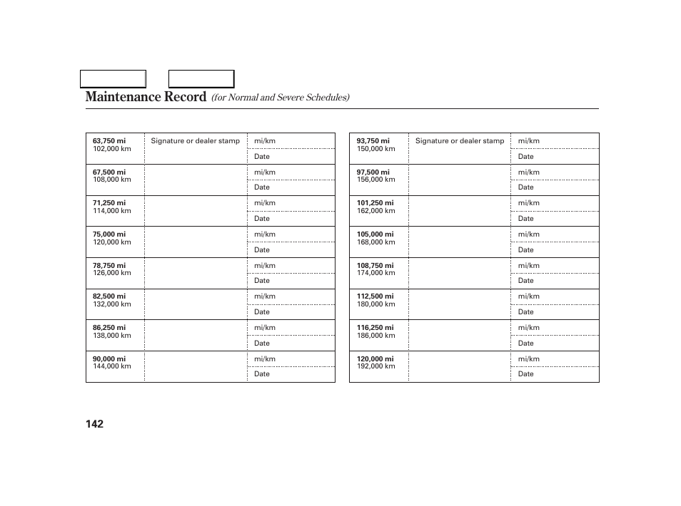 Maintenance record | Acura 2005 NSX - Owner's Manual User Manual | Page 144 / 228