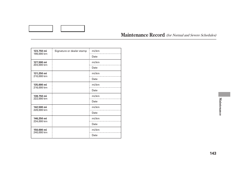 Maintenance record | Acura 2005 NSX - Owner's Manual User Manual | Page 145 / 228