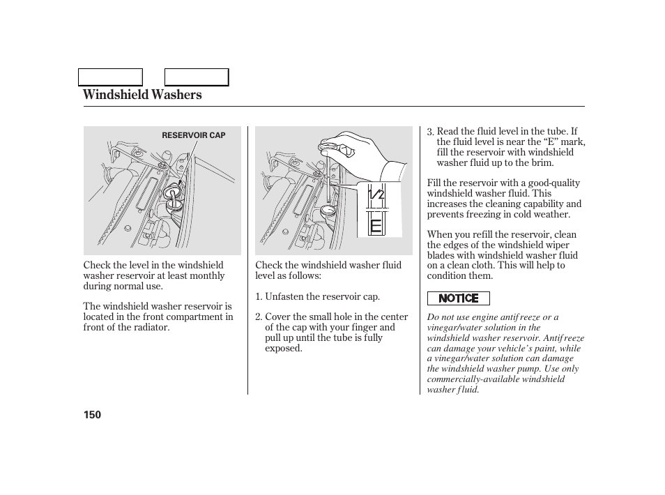 Windshield washers | Acura 2005 NSX - Owner's Manual User Manual | Page 152 / 228