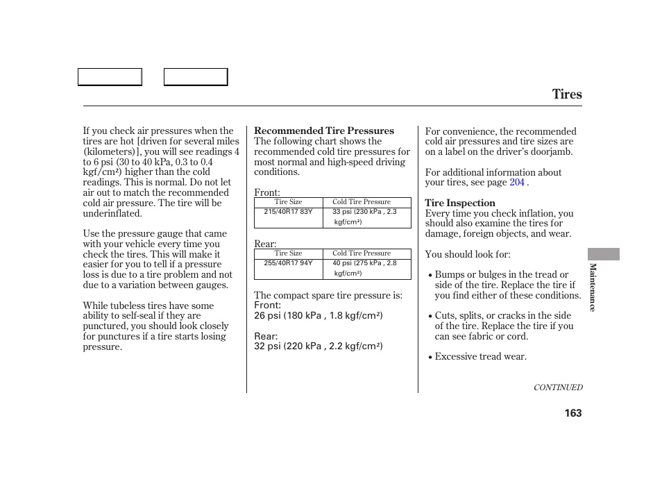 Tires | Acura 2005 NSX - Owner's Manual User Manual | Page 165 / 228