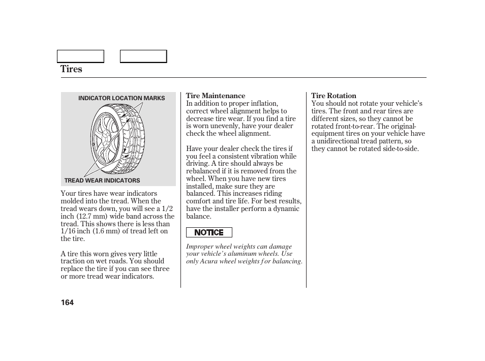 Tires | Acura 2005 NSX - Owner's Manual User Manual | Page 166 / 228