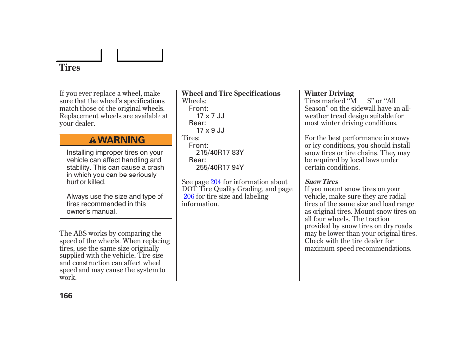 Tires | Acura 2005 NSX - Owner's Manual User Manual | Page 168 / 228