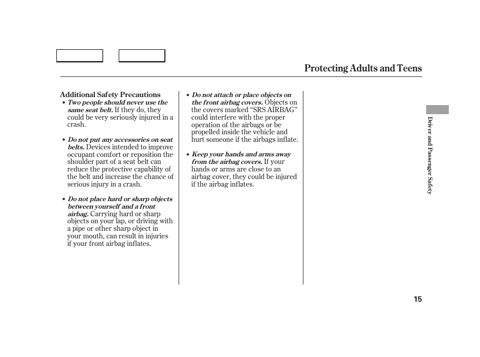 Protecting adults and teens | Acura 2005 NSX - Owner's Manual User Manual | Page 17 / 228