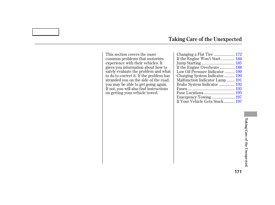 Taking care of the unexpected | Acura 2005 NSX - Owner's Manual User Manual | Page 173 / 228