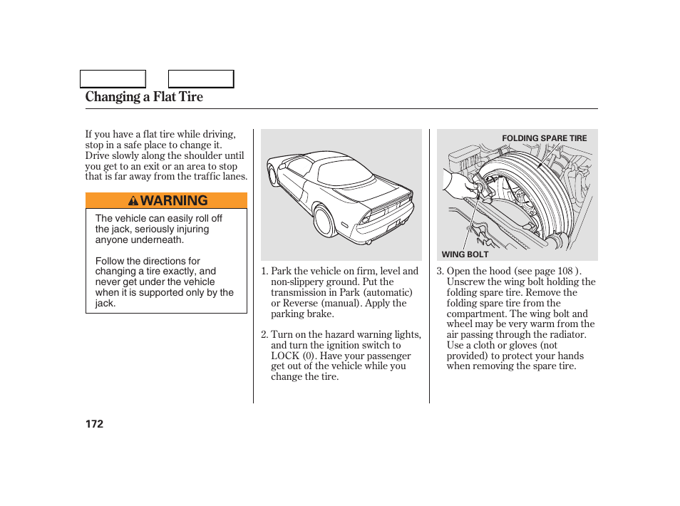 Changing a flat tire | Acura 2005 NSX - Owner's Manual User Manual | Page 174 / 228