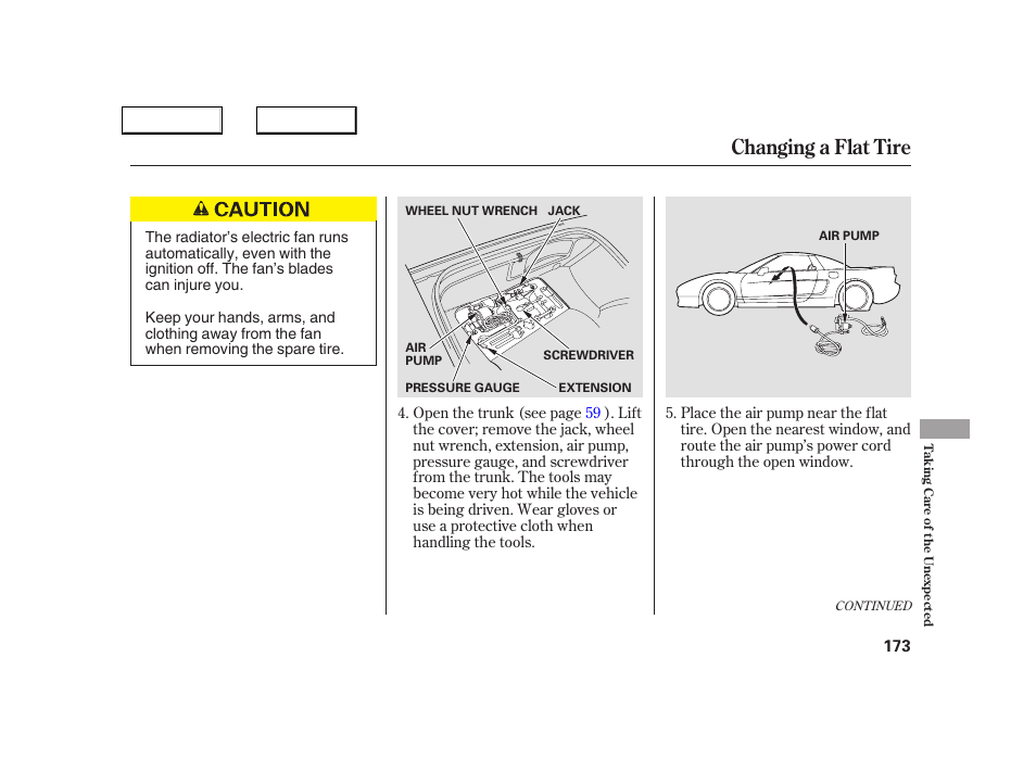 Changing a flat tire | Acura 2005 NSX - Owner's Manual User Manual | Page 175 / 228