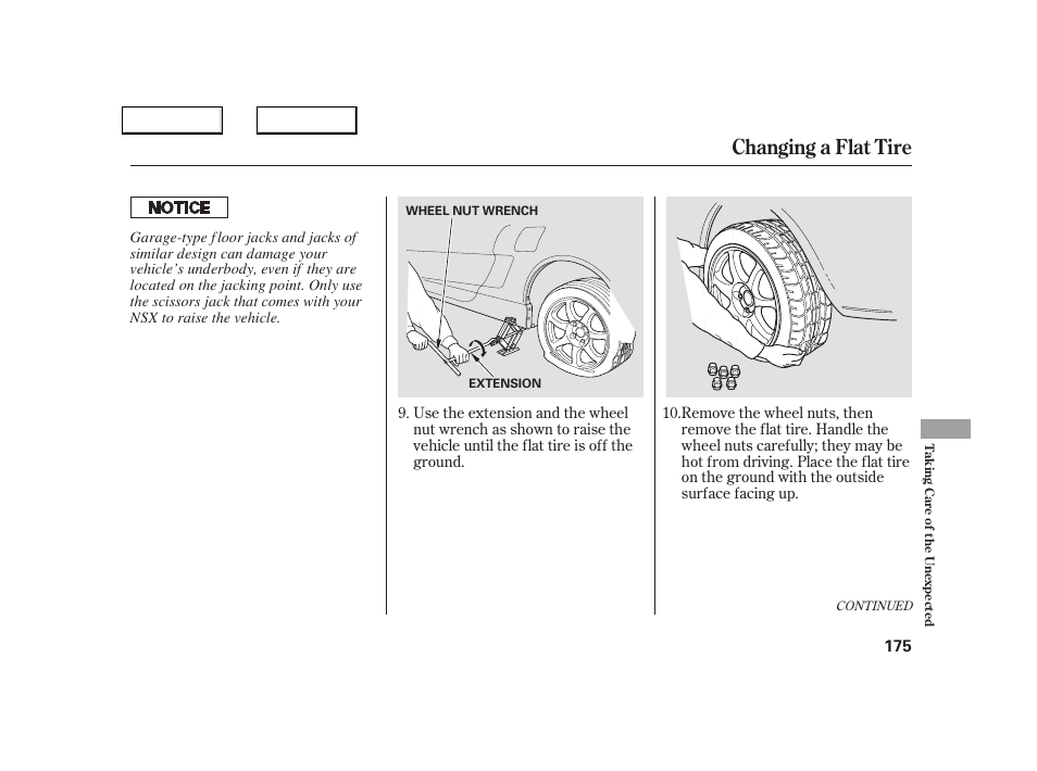 Changing a flat tire | Acura 2005 NSX - Owner's Manual User Manual | Page 177 / 228