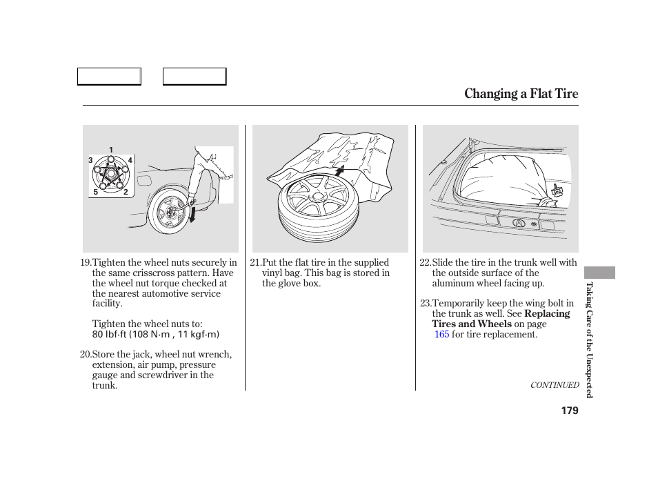 Changing a flat tire | Acura 2005 NSX - Owner's Manual User Manual | Page 181 / 228
