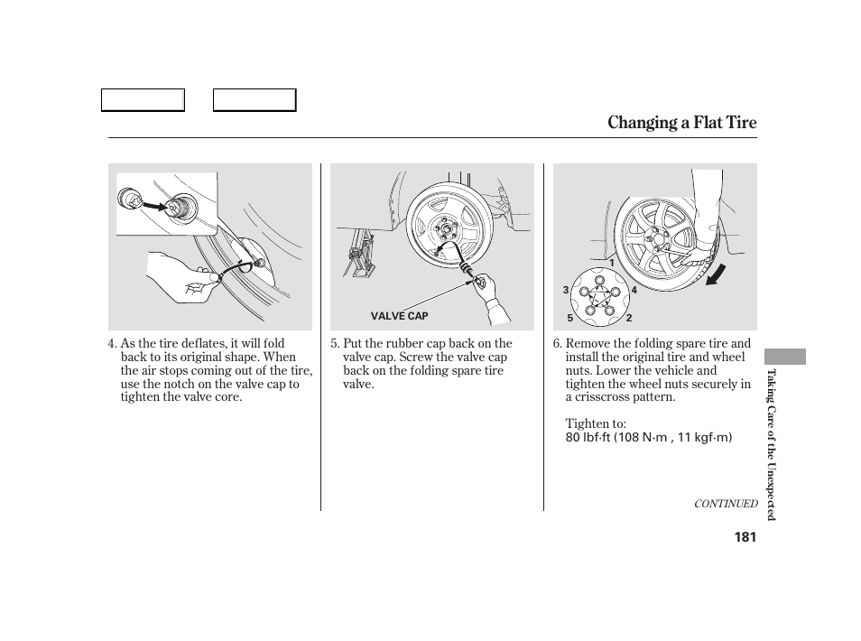 Changing a flat tire | Acura 2005 NSX - Owner's Manual User Manual | Page 183 / 228