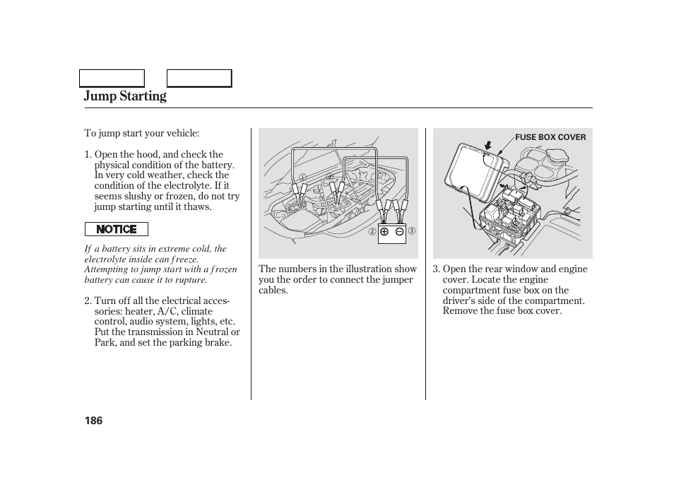 Jump starting | Acura 2005 NSX - Owner's Manual User Manual | Page 188 / 228