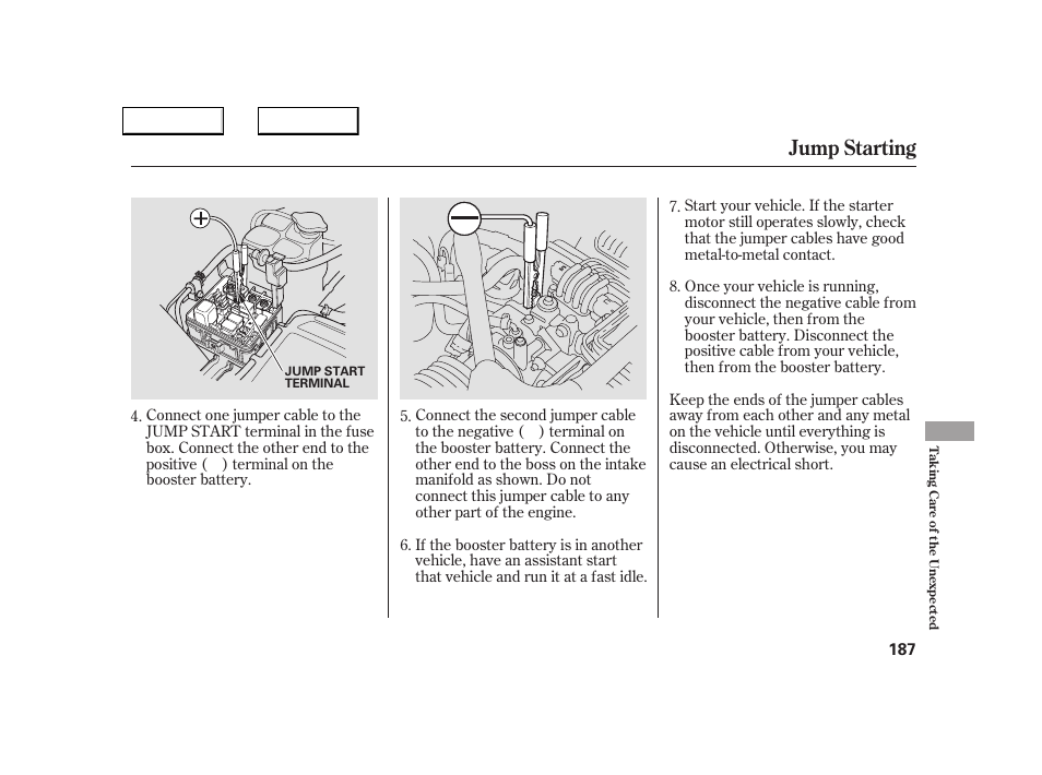 Jump starting | Acura 2005 NSX - Owner's Manual User Manual | Page 189 / 228