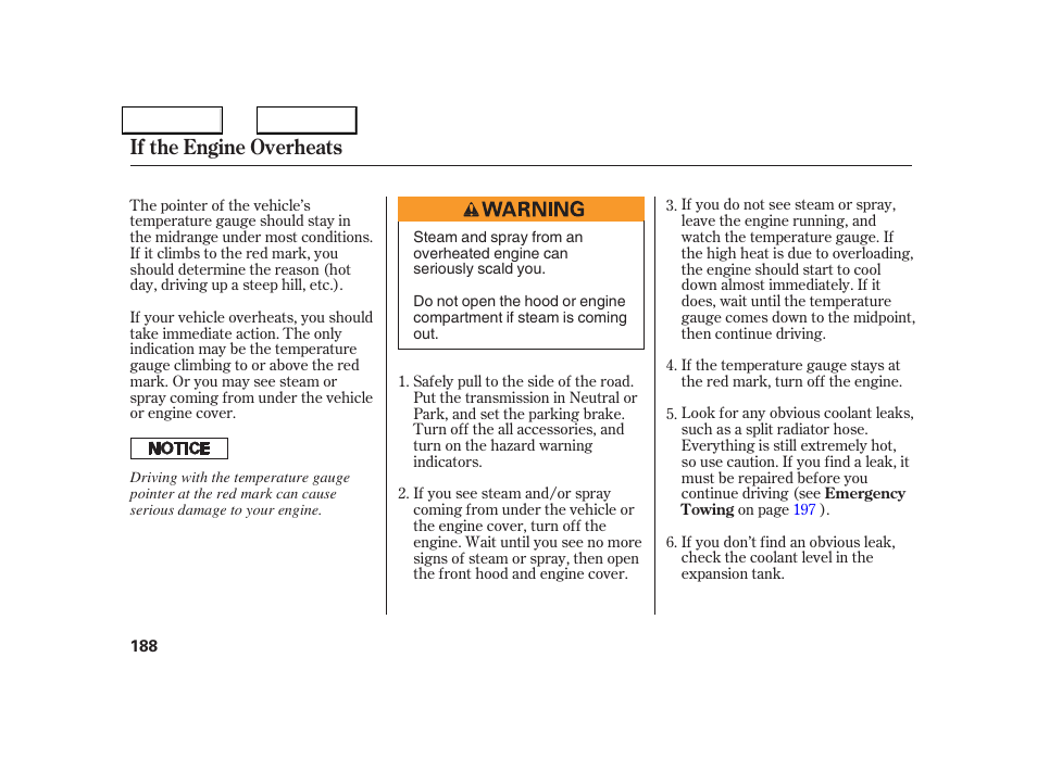 If the engine overheats | Acura 2005 NSX - Owner's Manual User Manual | Page 190 / 228