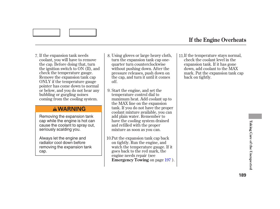 If the engine overheats | Acura 2005 NSX - Owner's Manual User Manual | Page 191 / 228