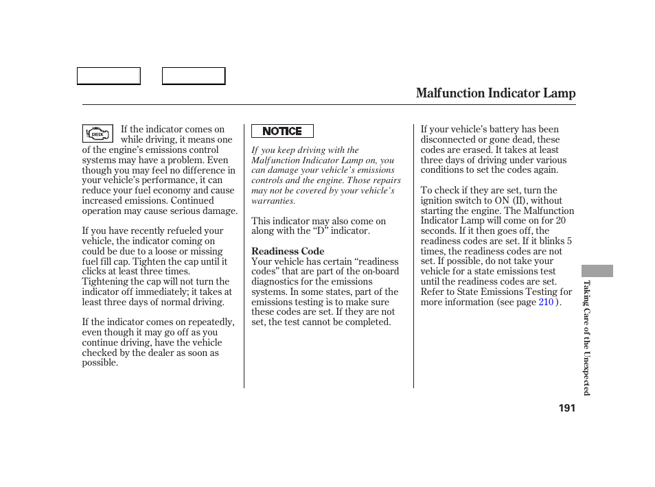 Malfunction indicator lamp | Acura 2005 NSX - Owner's Manual User Manual | Page 193 / 228