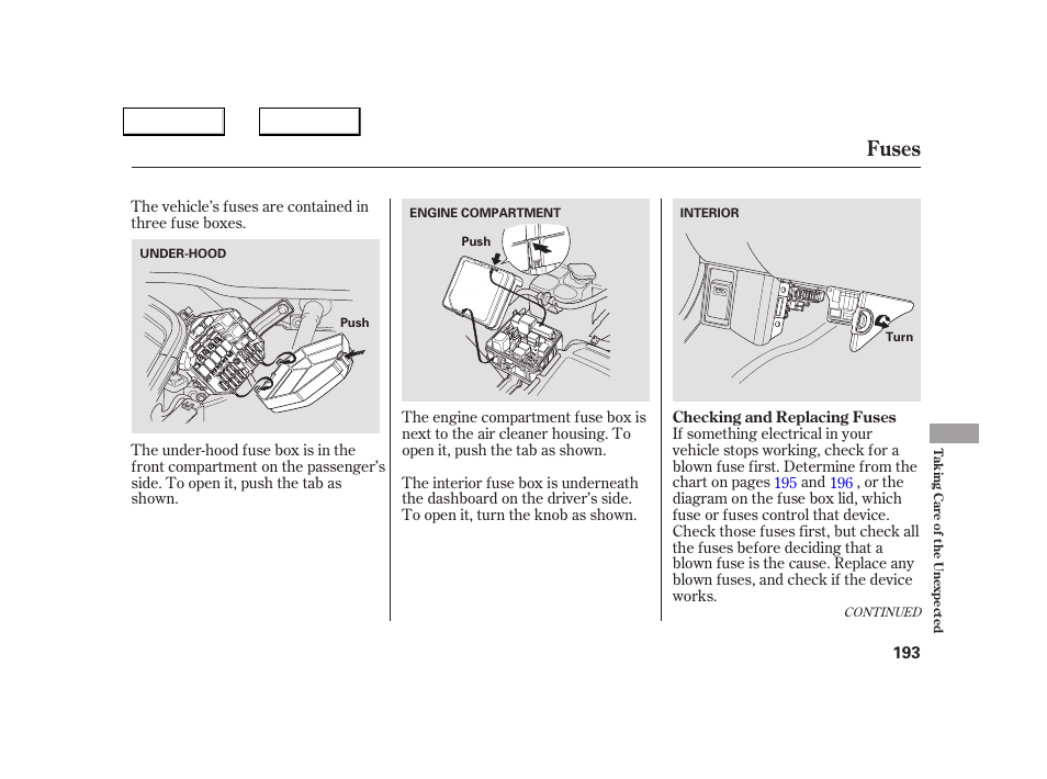Fuses | Acura 2005 NSX - Owner's Manual User Manual | Page 195 / 228