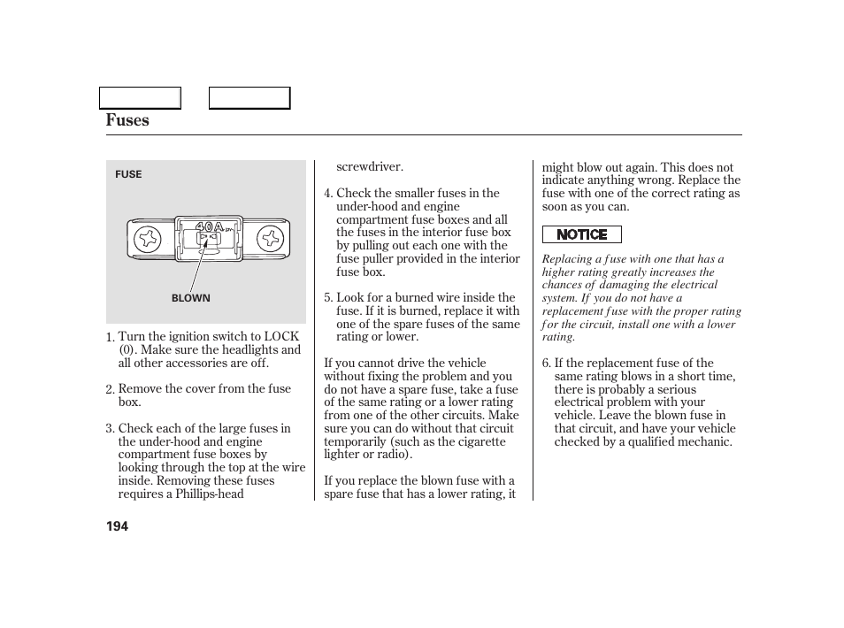 Fuses | Acura 2005 NSX - Owner's Manual User Manual | Page 196 / 228
