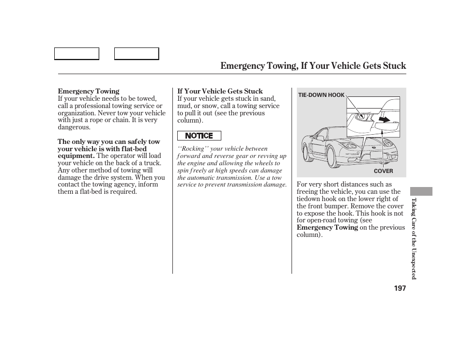 Emergency towing, if your vehicle gets stuck | Acura 2005 NSX - Owner's Manual User Manual | Page 199 / 228