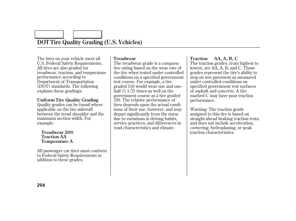 Dot tire quality grading (u.s. vehicles) | Acura 2005 NSX - Owner's Manual User Manual | Page 206 / 228