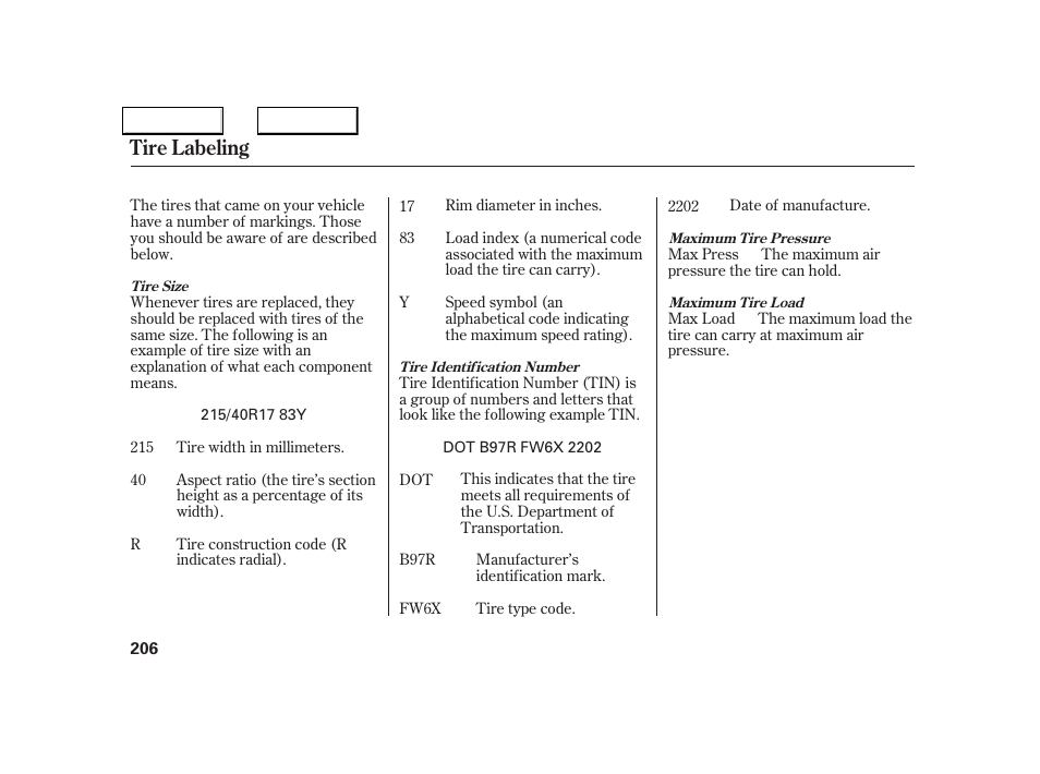 Tire labeling | Acura 2005 NSX - Owner's Manual User Manual | Page 208 / 228