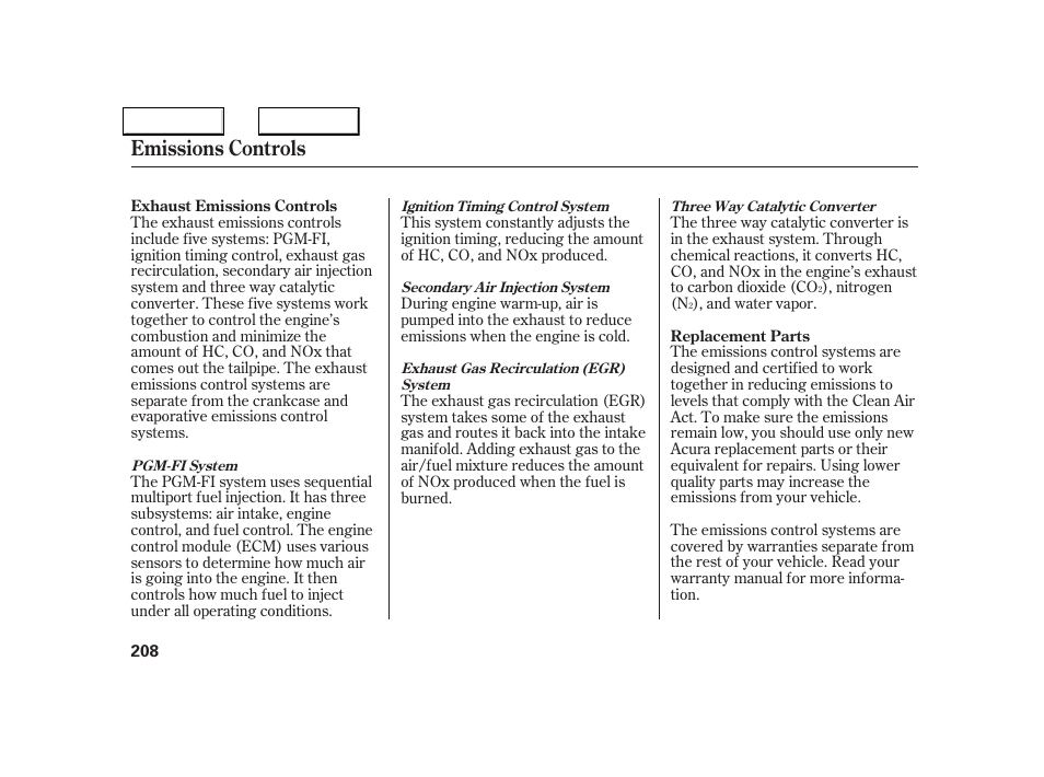 Emissions controls | Acura 2005 NSX - Owner's Manual User Manual | Page 210 / 228