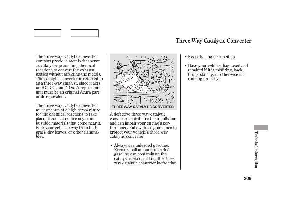 Three way catalytic converter | Acura 2005 NSX - Owner's Manual User Manual | Page 211 / 228