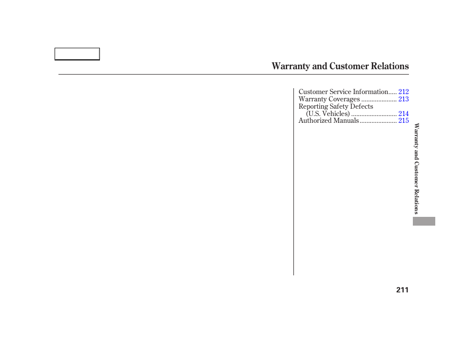 Warranty and customer relations | Acura 2005 NSX - Owner's Manual User Manual | Page 213 / 228