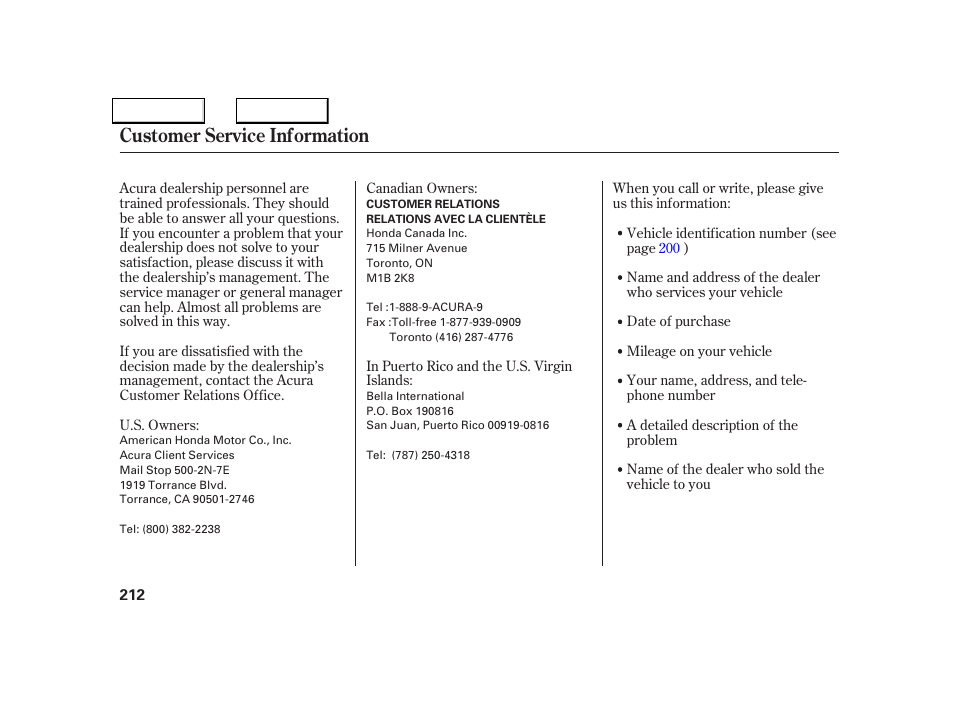 Customer service information | Acura 2005 NSX - Owner's Manual User Manual | Page 214 / 228